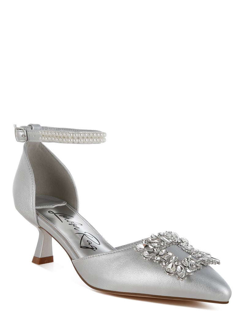 London Rag Diamante Brooch Kitten Heel Sandals in Silver  - Image 2