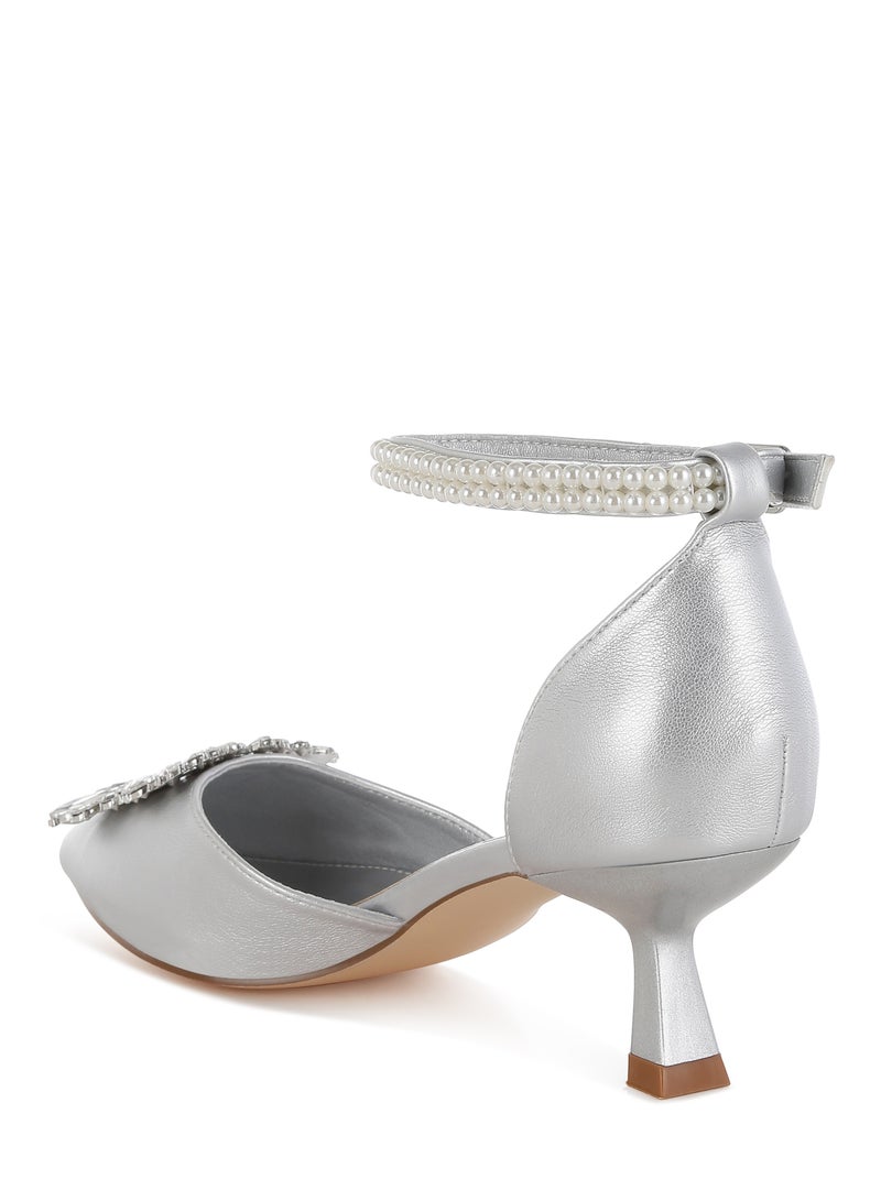 London Rag Diamante Brooch Kitten Heel Sandals in Silver  - Image 3
