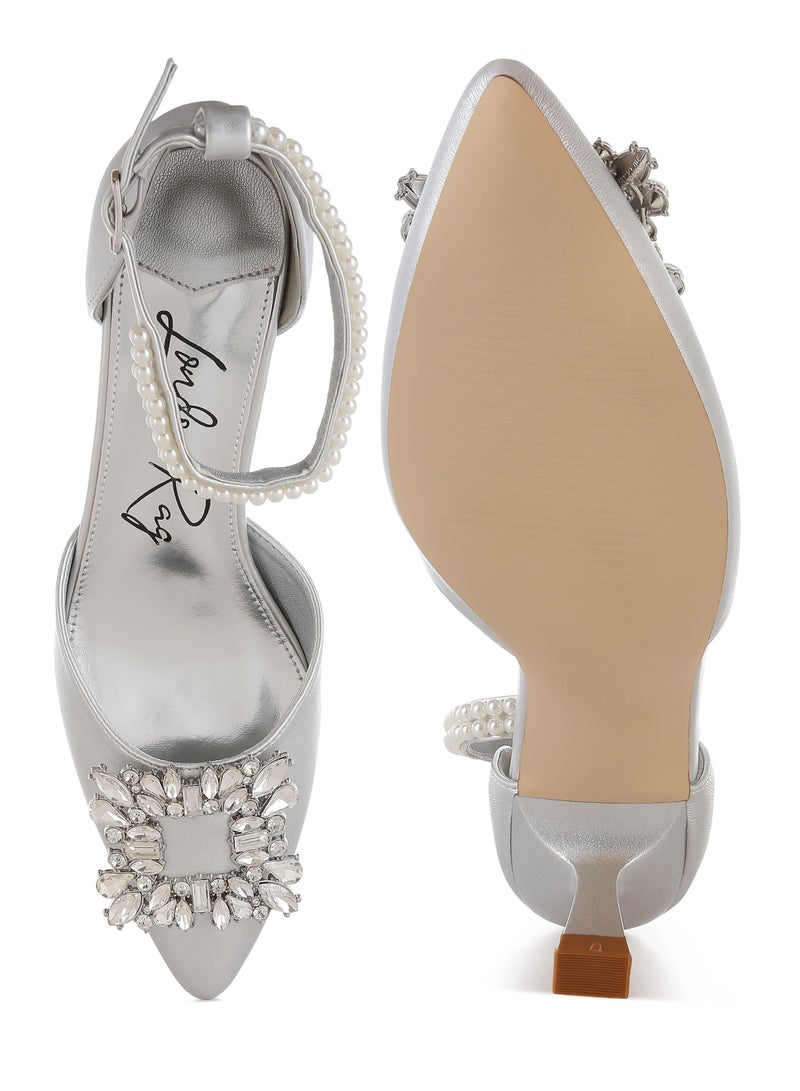 London Rag Diamante Brooch Kitten Heel Sandals in Silver  - Image 4