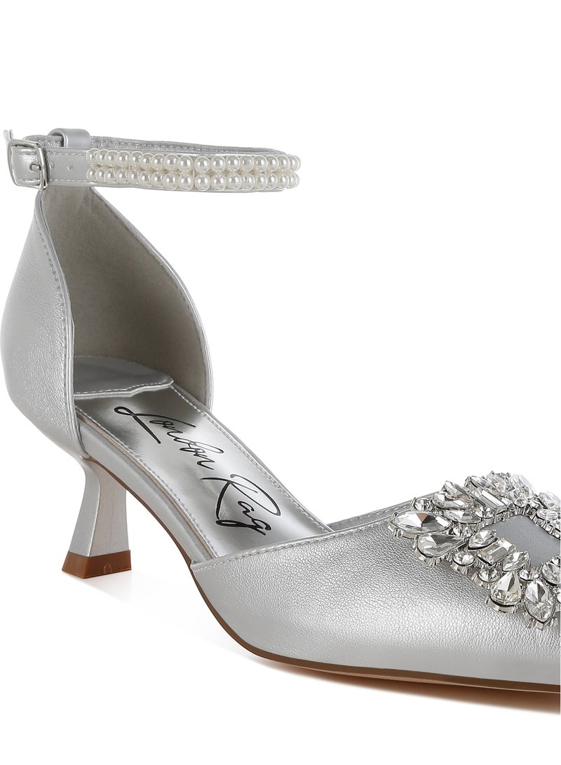 London Rag Diamante Brooch Kitten Heel Sandals in Silver  - Image 5