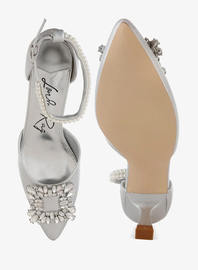 London Rag Diamante Brooch Kitten Heel Sandals in Silver