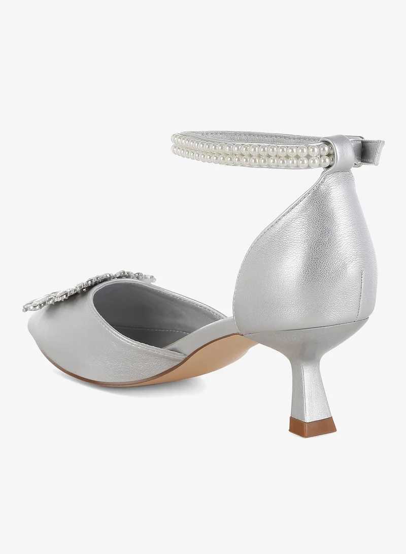 London Rag Diamante Brooch Kitten Heel Sandals in Silver