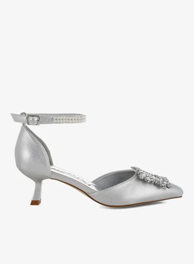 London Rag Diamante Brooch Kitten Heel Sandals in Silver