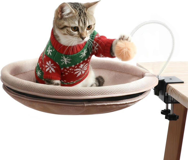 RASSR Cat Desk Bed with Teaser Wand, Under Desk Cats Bed Platform with Sturdy Clamp, Space-Saving Cat Perch Mounts Underneath Desk for Large Cats(Khaki) - Image 1