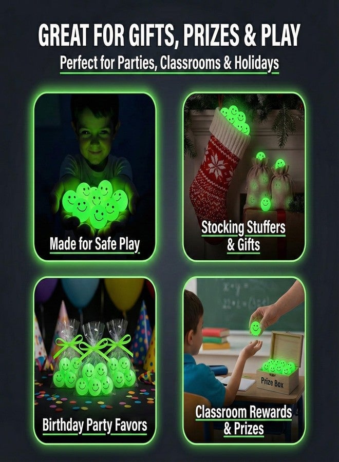 Bedwina 144 Pcs Bulk Bouncy Balls Glow in The Dark - (1inch / 27mm) Diameter, High Bouncing, Small Rubber Smile Face Bouncing Balls for Kids, Vending Machines, Valentine's Day Goodie Bag, Party Favor - Image 4