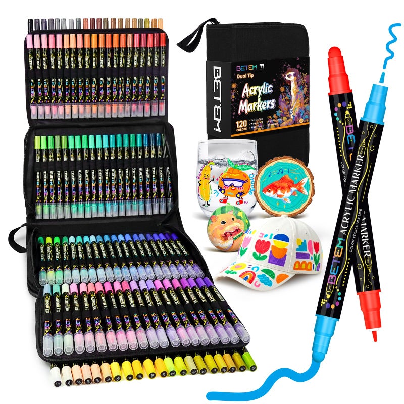 Betem Acrylic Paint Markers Pens, Dual Tip 120 Colors Fabric Decorating Kits Paint Pens Acrylic Markers for Wood, Fabric, Canvas, Stone, Rock Painting, Glass, Ceramic Surfaces, Art Supplies with Bag - Image 1