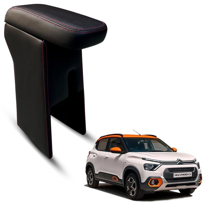 Carigiri Premium Finish Car Armrest with Storage Box And High Density Moulded Foam For Citroen C3/ eC3 (Black with Red Double Stitching,Nappa Leatherette)(No Obstruction to Rear Window Buttons) - Image 1