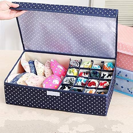 HVB Store Innerwear Organizer 161 Compartment NonSmell Non Woven Foldable Fabric Storage Box for Closet 44 x 28 x 12 cm Navy Blue Polka - Image 4