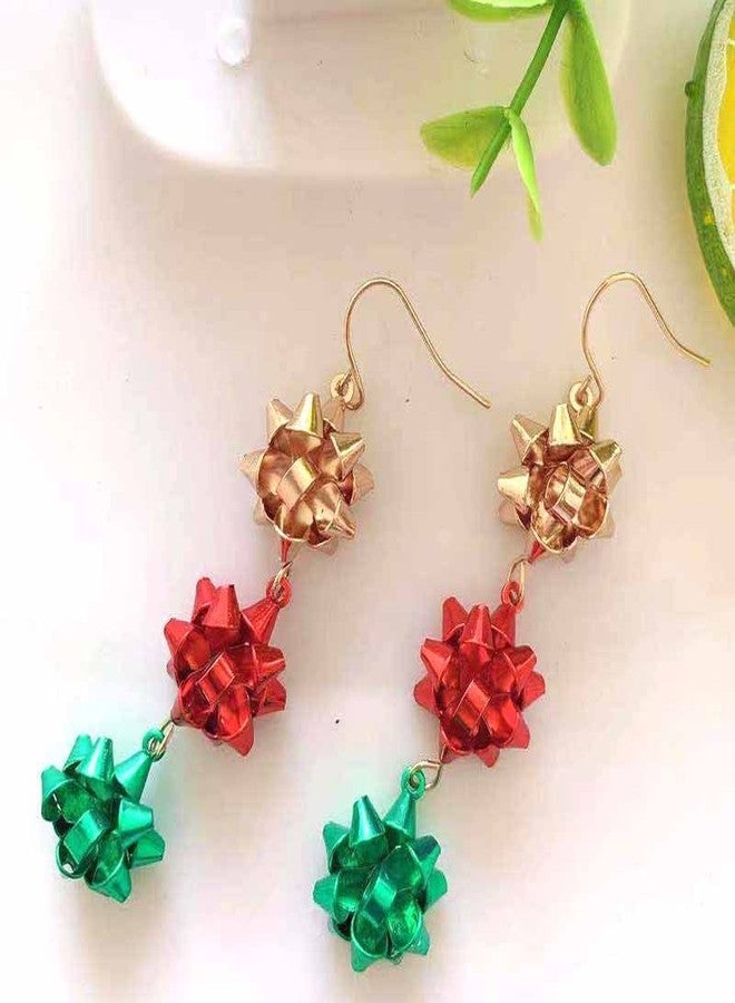 CSIYANJRY99 Christmas Bow Earrings Holiday Xmas Bow Earrings for Women Red Green White Bow Drop Dangle Earrings Triple Bow Earring Jewelry (Gold) - Image 2
