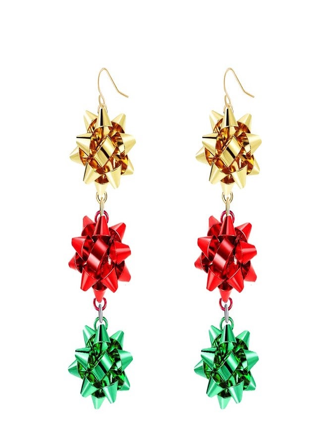CSIYANJRY99 Christmas Bow Earrings Holiday Xmas Bow Earrings for Women Red Green White Bow Drop Dangle Earrings Triple Bow Earring Jewelry (Gold) - Image 1