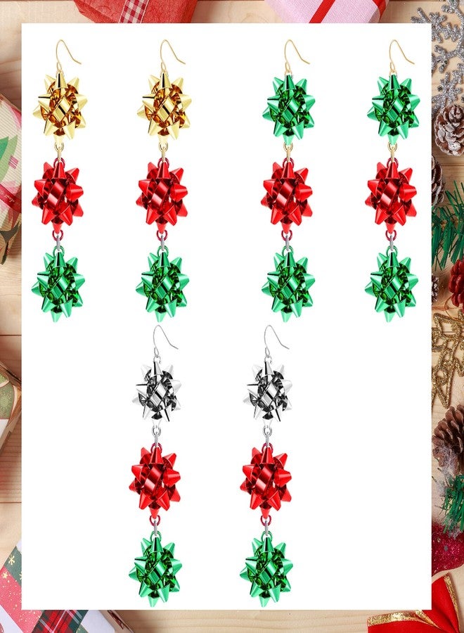 CSIYANJRY99 Christmas Bow Earrings Holiday Xmas Bow Earrings for Women Red Green White Bow Drop Dangle Earrings Triple Bow Earring Jewelry (Gold) - Image 4