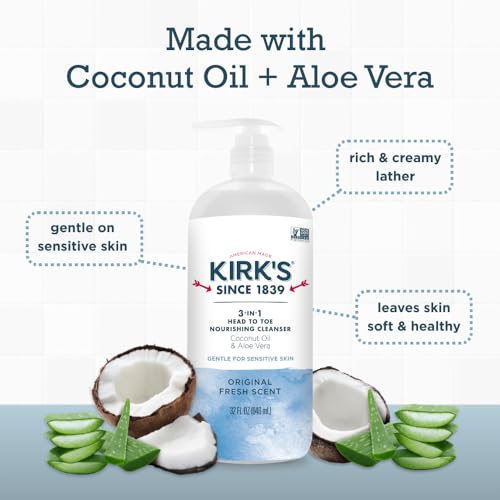 Kirk's 3-in-1 Head to Toe Nourishing Liquid Cleanser & Travel Size Bar Soap - for Men, Women & Children - Premium Coconut Oil and Aloe Vera- Non GMO & Vegan -Original Fresh Scent - 32 Fl Oz. 2 pack - Image 4