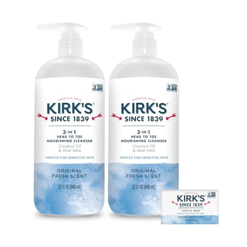 Kirk's 3-in-1 Head to Toe Nourishing Liquid Cleanser & Travel Size Bar Soap - for Men, Women & Children - Premium Coconut Oil and Aloe Vera- Non GMO & Vegan -Original Fresh Scent - 32 Fl Oz. 2 pack - Image 1