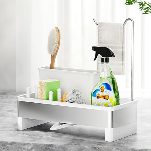 Ewaiira Stainless Steel Sink Caddy, Sponge Holder for Kitchen Sink with Brush Holder & Dishcloth Rack, Rustproof Sink Organizer Countertop, Kitchen Organizers Storage Essentials (E-White 9.8″) - Image 1