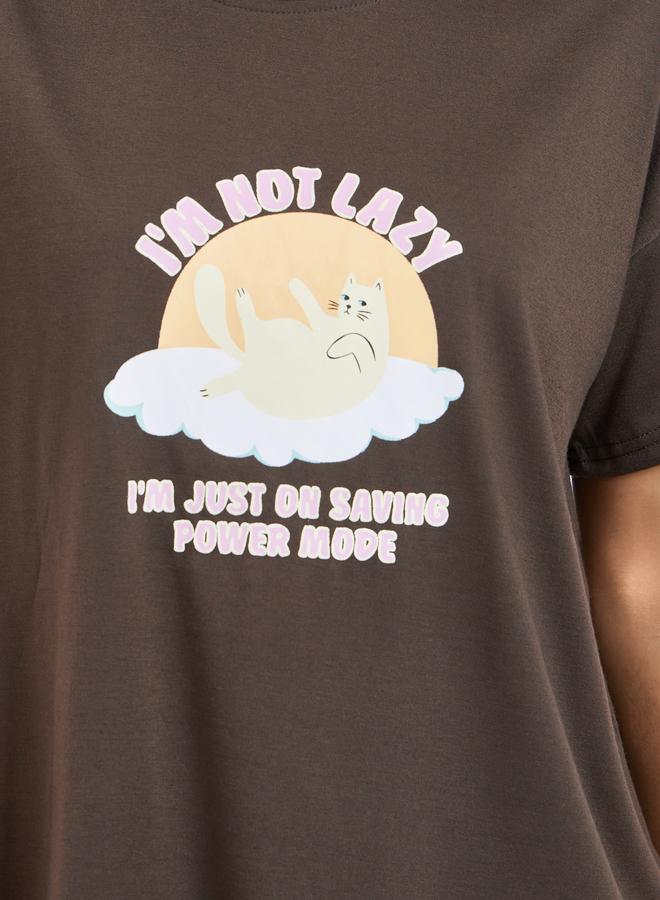 Styli Lazy Cat Graphic Drop Shoulder T-Shirt and Pyjama Set - Image 3