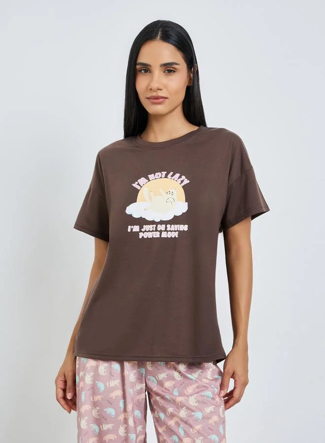 Styli Lazy Cat Graphic Drop Shoulder T-Shirt and Pyjama Set
