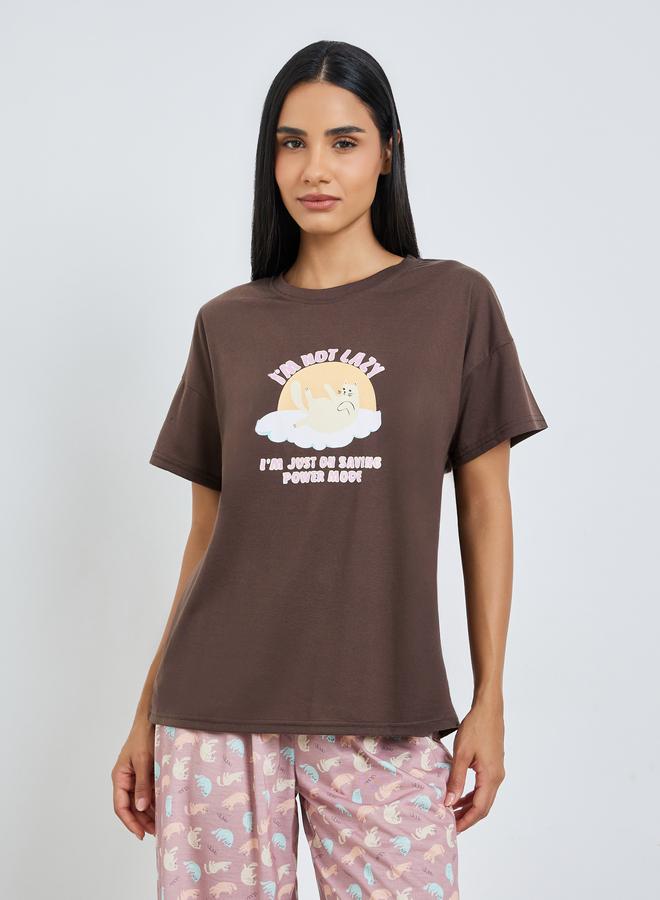 Styli Lazy Cat Graphic Drop Shoulder T-Shirt and Pyjama Set - Image 2
