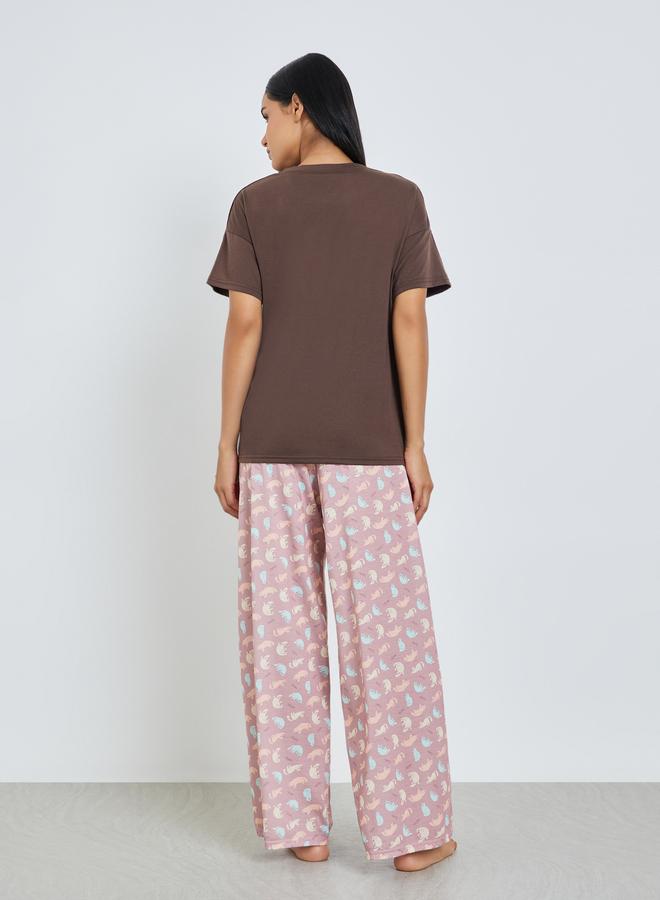 Styli Lazy Cat Graphic Drop Shoulder T-Shirt and Pyjama Set - Image 5