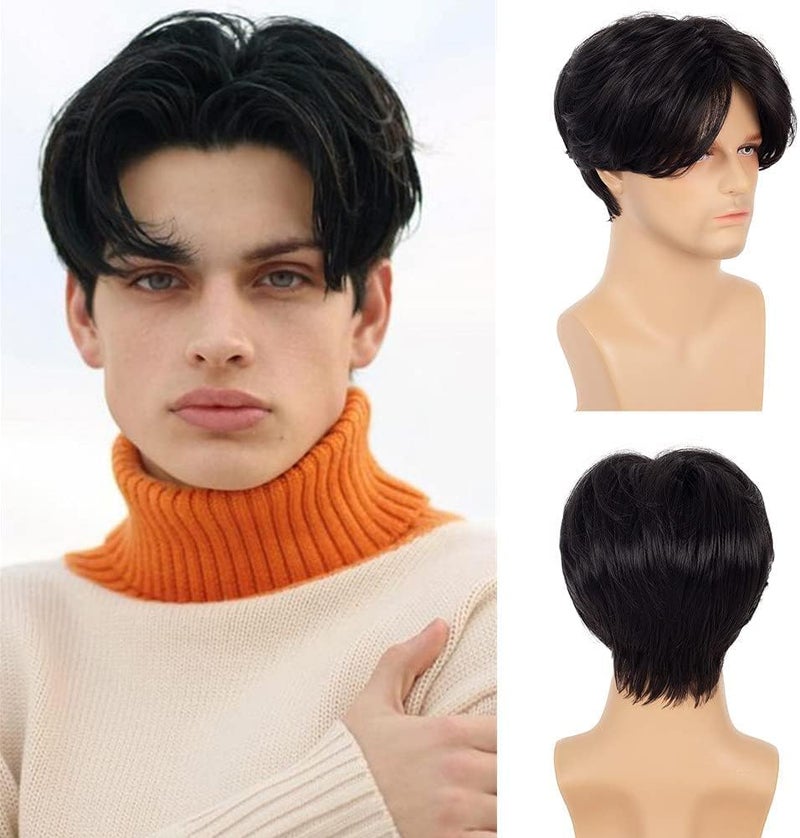 Wig for Men Black Short Middle Part Cosplay Synthetic Halloween