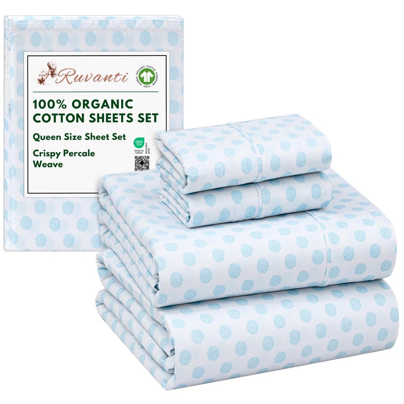 RUVANTI 100% Organic Cotton Sheets Queen Size, Percale Weave, GOTS Certified, 4-Piece Set, Deep Pocket 15", Crisp & Breathable, Soft Durable Bedding, SÃ¡banas AlgodÃ³n OrgÃ¡nico â€“ Circle Imprint - Image 1