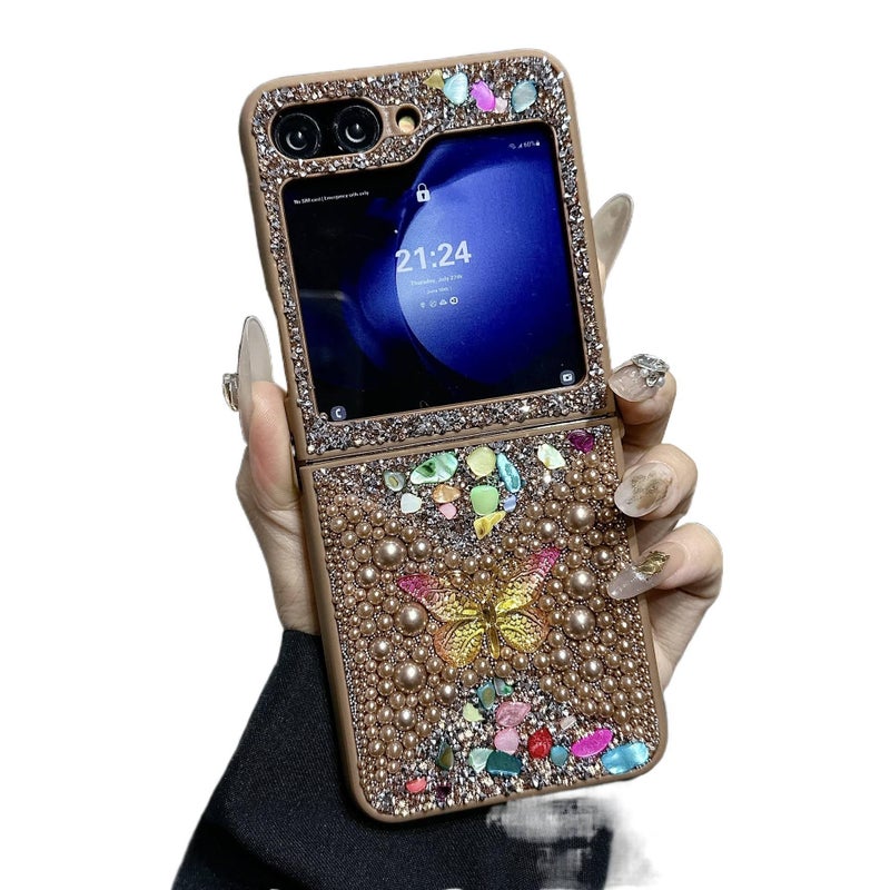 غطاء واقي بTPU باللون Gold من مادة TPU لـ Samsung Galaxy Z Fold 5 مع حماية من السقوط ومقاومة بصمات الأصابع مع مقاوم للصدمات مع تغطية كاملة مع نمط الفراشة اللامعة للتنقل اليومي - Image 1
