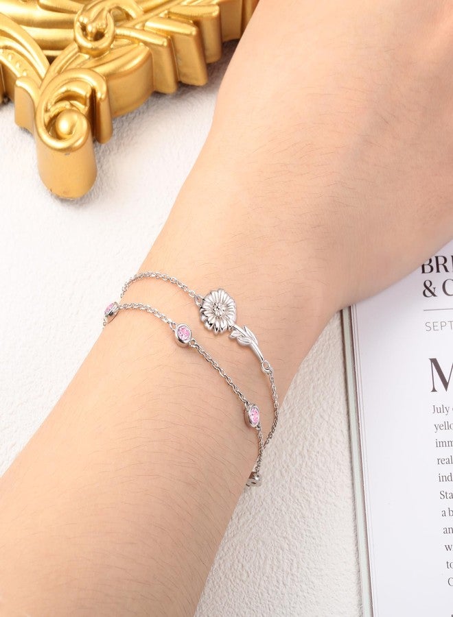 MANBU Birthstone Birth Flower Bracelet for Women: Sterling Silver double Layer Chain Birthstone Bracelet Birthday Gift for Teen (10-October) - Image 2