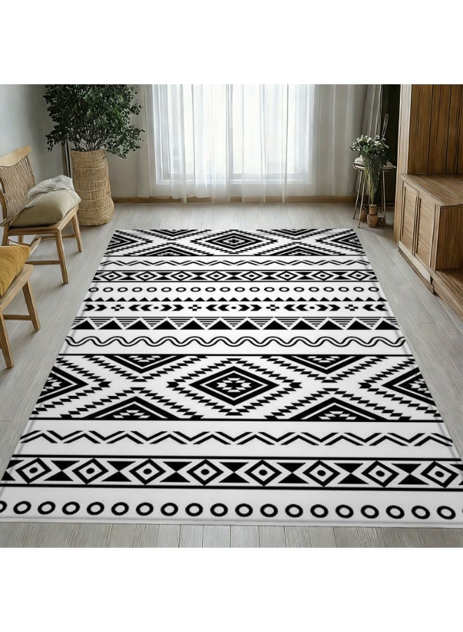 Polyester Area Rug, Black and White Aztec Geometric Pattern, Non-Slip, Indoor/Outdoor - Image 1