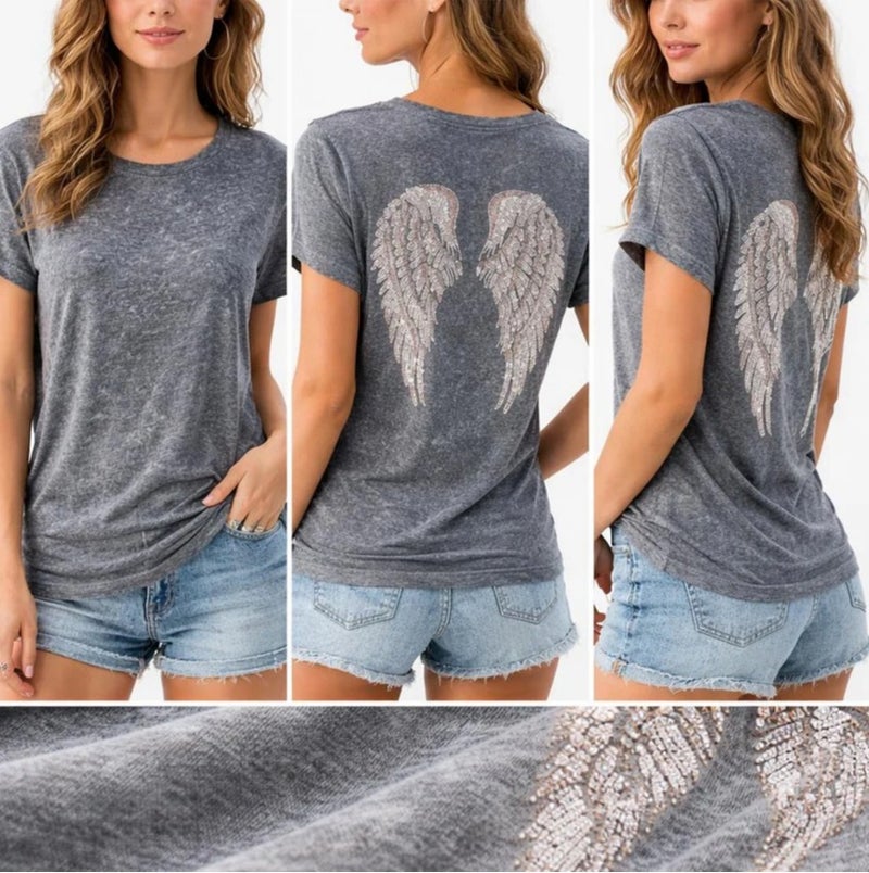 Aroma Aura Women’s Acid-Wash Cotton-Poly T-Shirt - Embellished Sequin Wings Back Detail, Relaxed Fit, Charcoal - Image 1