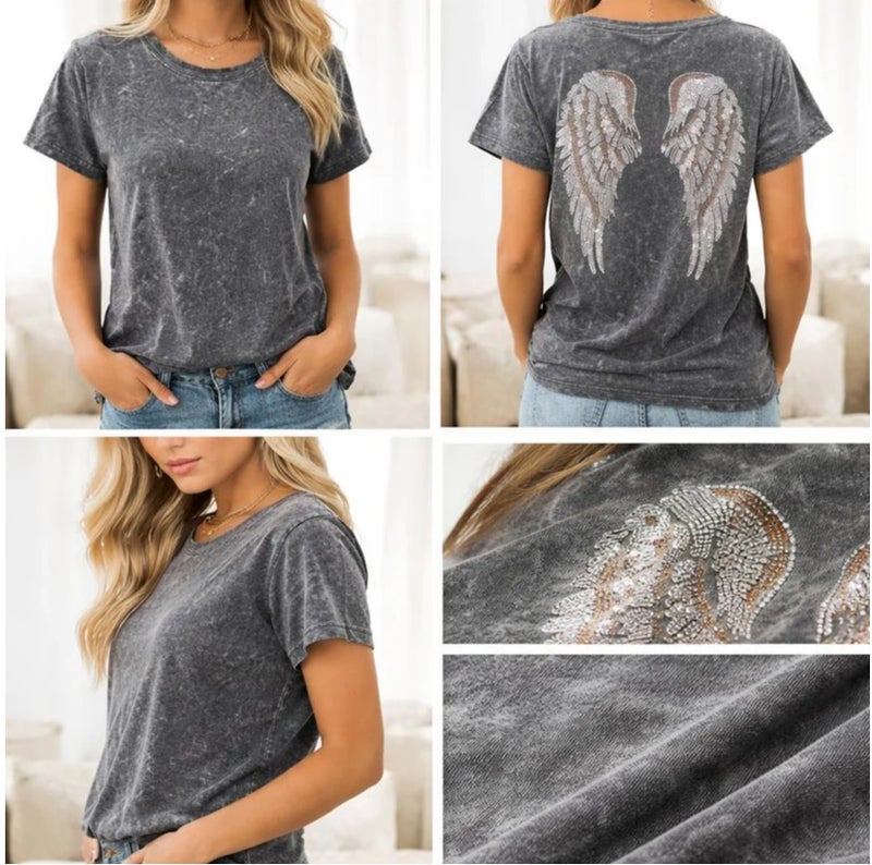 Aroma Aura Women’s Acid-Wash Cotton-Poly T-Shirt - Embellished Sequin Wings Back Detail, Relaxed Fit, Charcoal - Image 2
