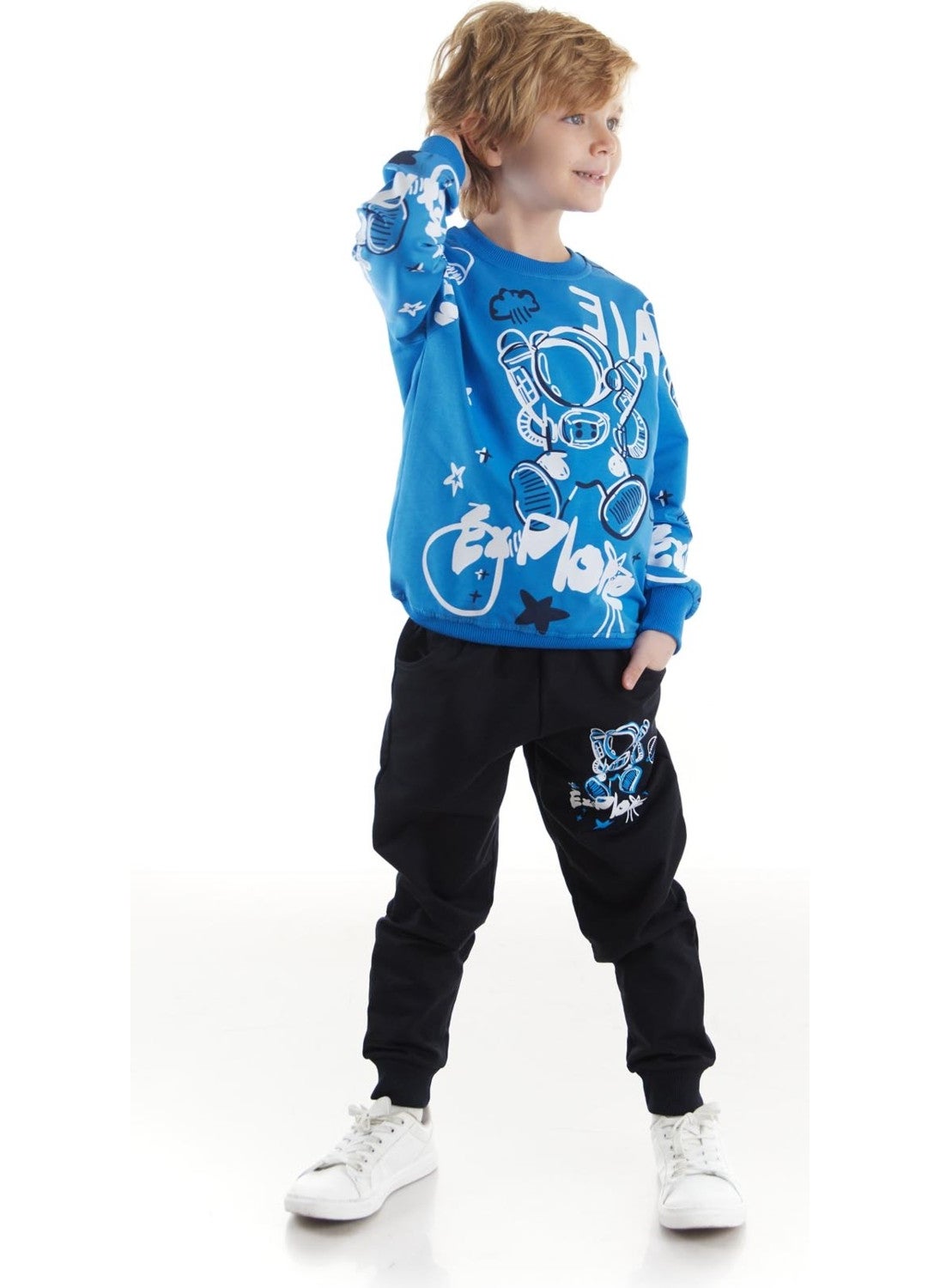 Ahengim - Kids Boys Tracksuit Astronaut Printed Bottom Top Two Piece Set Cotton Seasonal AK2507 - Image 1