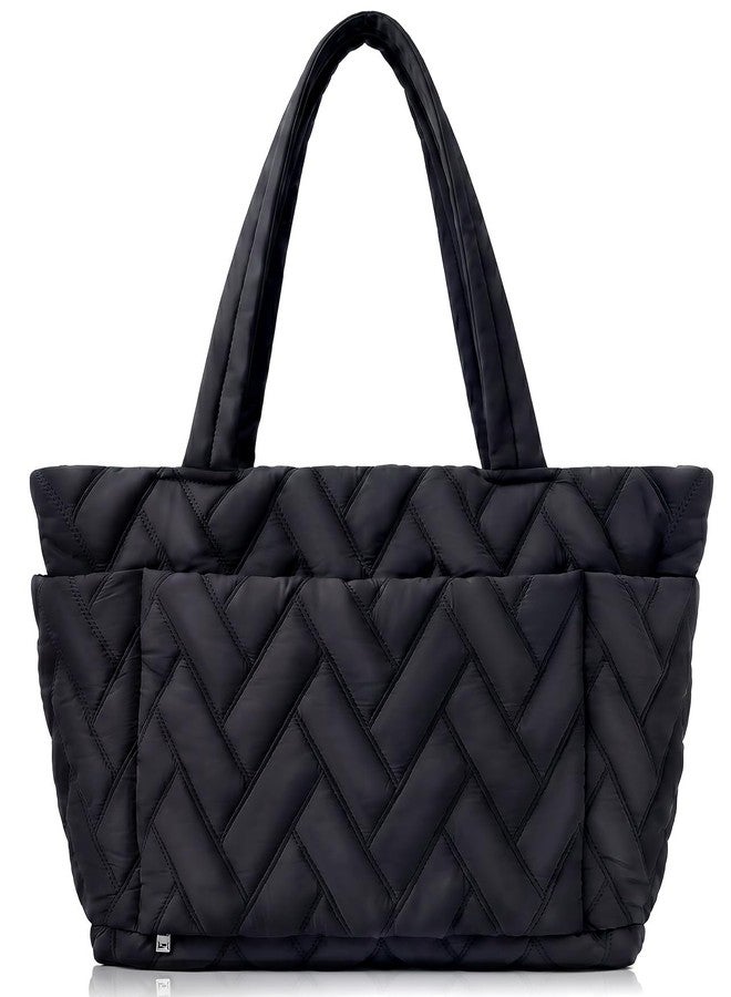 Peacocktion Puffer Tote Bag for Women, Lightweight Puffy Work Tote Teacher Nurse Quilted Shoulder Bag for Travel School Black - Image 1