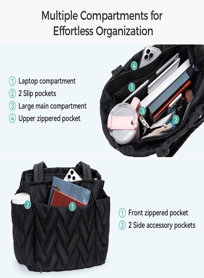 Peacocktion Puffer Tote Bag for Women, Lightweight Puffy Work Tote Teacher Nurse Quilted Shoulder Bag for Travel School Black - Image 3