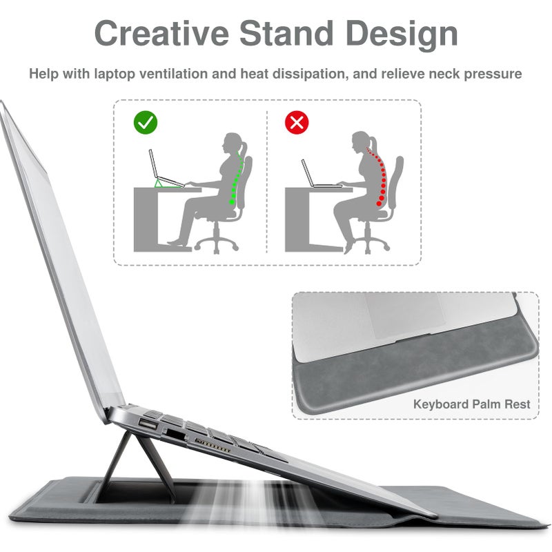 Allinside 13-14 Inch Laptop Sleeve Case for MacBook Pro 14" 2021-2024/MacBook Air 13" 2010-2017/MacBook Pro 13" 2010-2015, Waterproof Matte PU Leather Sleeve Cover with Stand & Accessory Pouch, Gray - Image 3