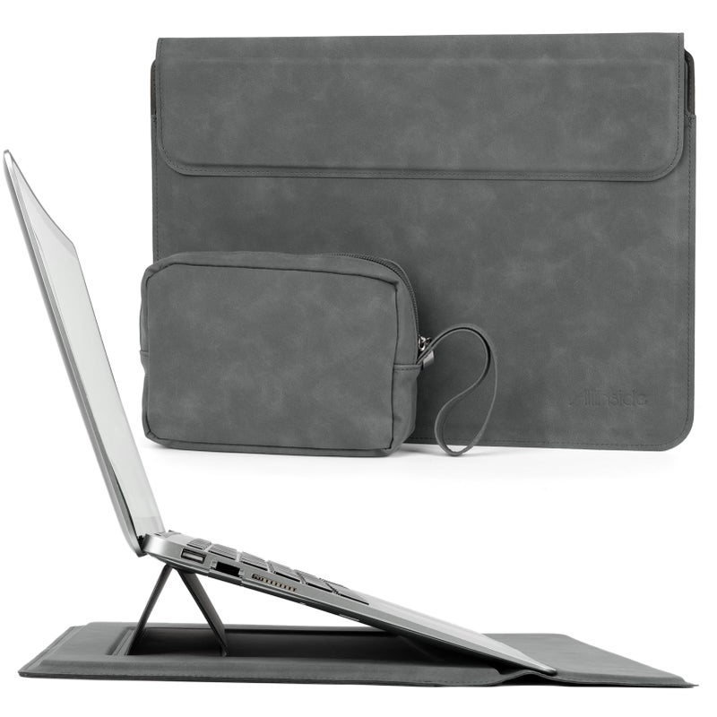 Allinside 13-14 Inch Laptop Sleeve Case for MacBook Pro 14" 2021-2024/MacBook Air 13" 2010-2017/MacBook Pro 13" 2010-2015, Waterproof Matte PU Leather Sleeve Cover with Stand & Accessory Pouch, Gray - Image 1