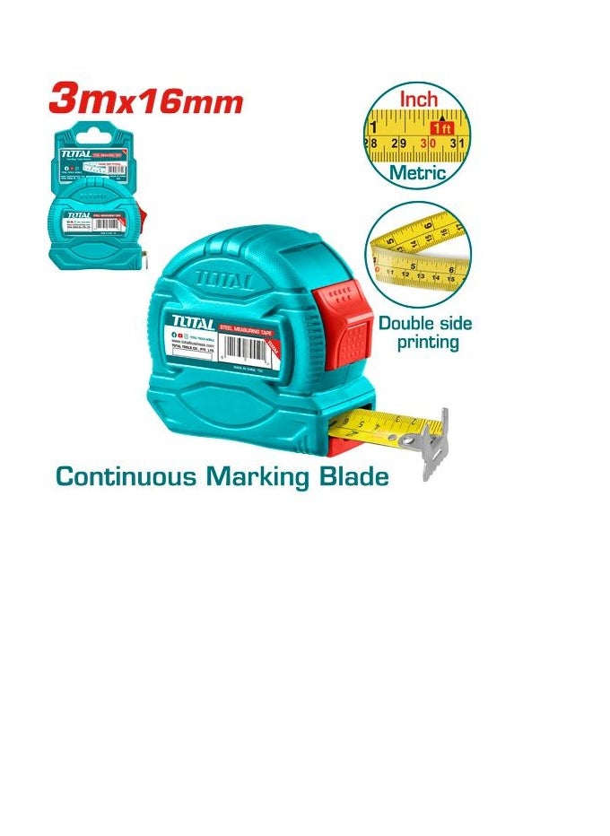 TOTAL Total 3m x 16mm Steel Measuring Tape TMT34316 - Versatile Tool with One-Button Operation and Dual Measurement for Accurate Sizing  - Image 1