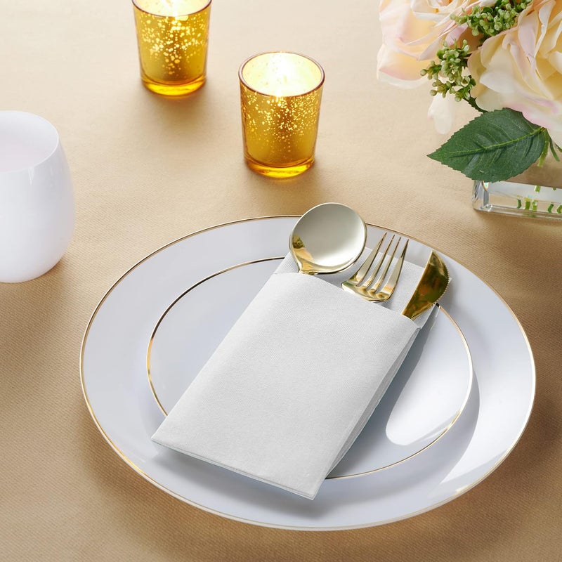 BloominGoods 50-Pack Disposable Linen-Feel Dinner Napkins with Built-in Flatware Pocket, WHITE Prefolded Cloth Like Paper Napkins For Dinner, Wedding Or Party [Silverware NOT Included] - Image 2