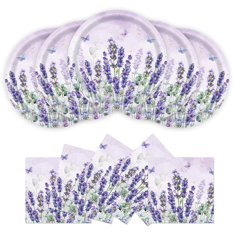 BOKFJBP 40Pcs Purple Party Lavender Paper Plates & Napkins-Watercolor Floral Cake Dessert Tableware Butterfly Floral Lavender Birthday Dinnerware for Girl Baby Shower Birthday Party Baby Shower Decor Serve 20 - Image 1
