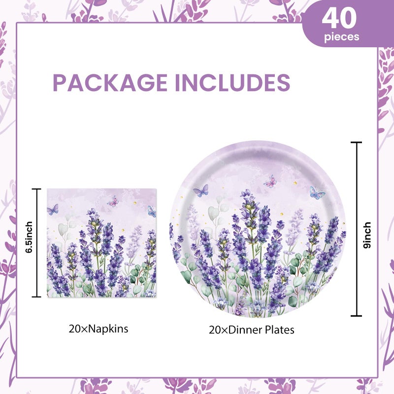 BOKFJBP 40Pcs Purple Party Lavender Paper Plates & Napkins-Watercolor Floral Cake Dessert Tableware Butterfly Floral Lavender Birthday Dinnerware for Girl Baby Shower Birthday Party Baby Shower Decor Serve 20 - Image 2