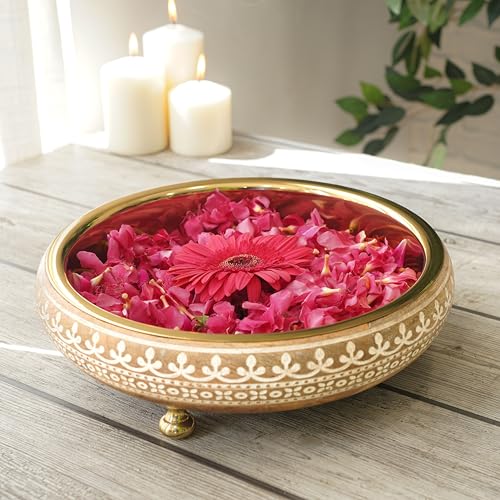 BEHOMA Wood & Metal Design 11 Inches Urli, Decorative Bowl for Home Decor | Uruli for Indoor Center Table Flower Decoration | Wooden Urili Tray for Wedding, Diwali Gifting & Durga Puja Navratri, 1 pc - Image 1