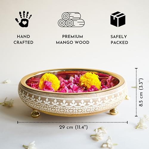 BEHOMA Wood & Metal Design 11 Inches Urli, Decorative Bowl for Home Decor | Uruli for Indoor Center Table Flower Decoration | Wooden Urili Tray for Wedding, Diwali Gifting & Durga Puja Navratri, 1 pc - Image 3