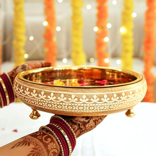 BEHOMA Wood & Metal Design 11 Inches Urli, Decorative Bowl for Home Decor | Uruli for Indoor Center Table Flower Decoration | Wooden Urili Tray for Wedding, Diwali Gifting & Durga Puja Navratri, 1 pc - Image 2