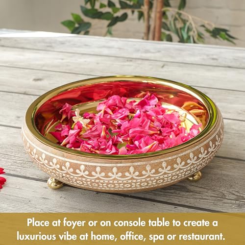 BEHOMA Wood & Metal Design 11 Inches Urli, Decorative Bowl for Home Decor | Uruli for Indoor Center Table Flower Decoration | Wooden Urili Tray for Wedding, Diwali Gifting & Durga Puja Navratri, 1 pc - Image 4