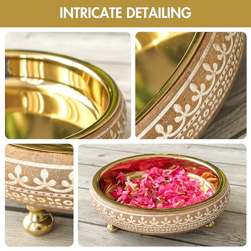 BEHOMA Wood & Metal Design 11 Inches Urli, Decorative Bowl for Home Decor | Uruli for Indoor Center Table Flower Decoration | Wooden Urili Tray for Wedding, Diwali Gifting & Durga Puja Navratri, 1 pc - Image 5