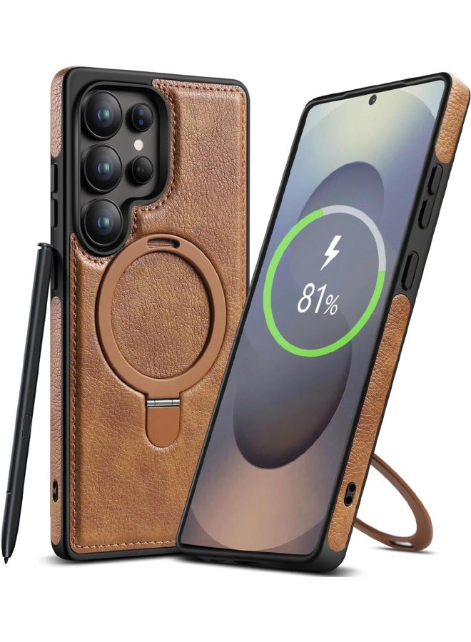 Mikki Magnetic for Samsung Galaxy S25 Ultra Leather Case, Invisible Stand [Compatible with Magsafe] Luxury, Elegant, and Beautiful Design Cover, Non-Slip Vintage Looking Slim Kickstand Phone Cover, Brown - Image 1