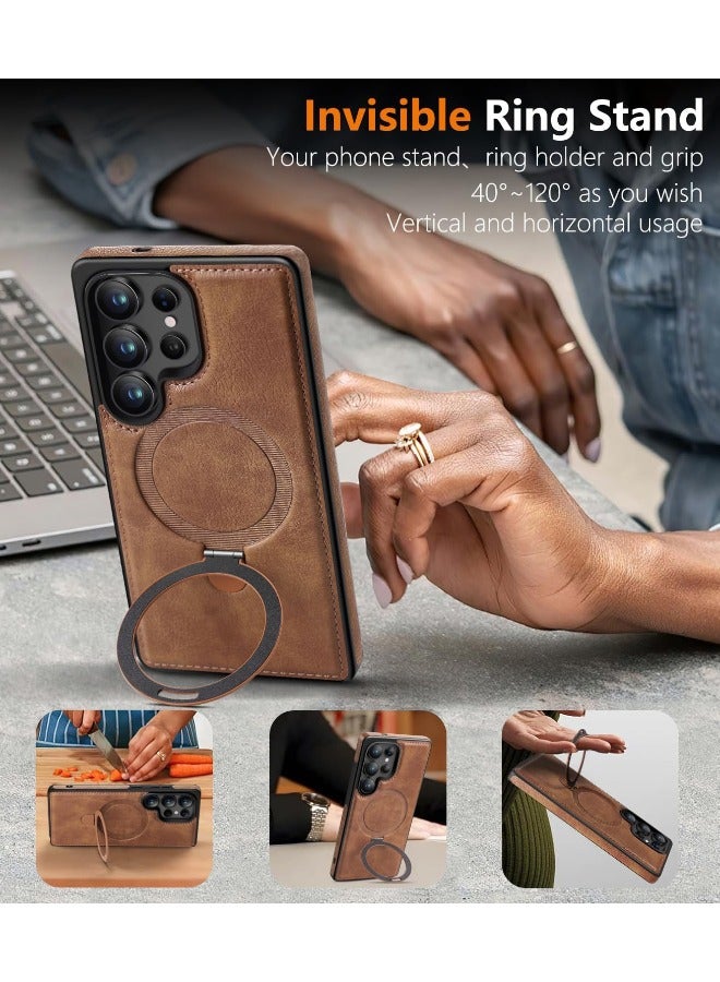 Mikki Magnetic for Samsung Galaxy S25 Ultra Leather Case, Invisible Stand [Compatible with Magsafe] Luxury, Elegant, and Beautiful Design Cover, Non-Slip Vintage Looking Slim Kickstand Phone Cover, Brown - Image 2