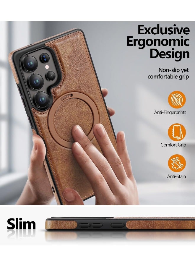 Mikki Magnetic for Samsung Galaxy S25 Ultra Leather Case, Invisible Stand [Compatible with Magsafe] Luxury, Elegant, and Beautiful Design Cover, Non-Slip Vintage Looking Slim Kickstand Phone Cover, Brown - Image 3