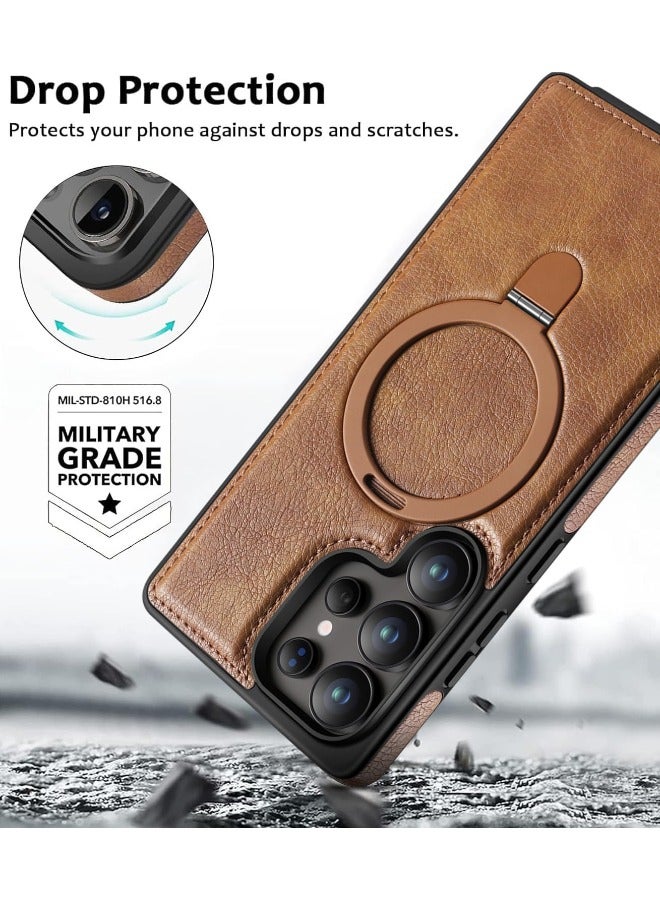 Mikki Magnetic for Samsung Galaxy S25 Ultra Leather Case, Invisible Stand [Compatible with Magsafe] Luxury, Elegant, and Beautiful Design Cover, Non-Slip Vintage Looking Slim Kickstand Phone Cover, Brown - Image 5