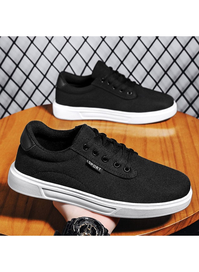 Men's All-black Canvas Shoes, Summer Breathable Casual Skate Shoes, Trendy Versatile Work Large Size Men's Shoes