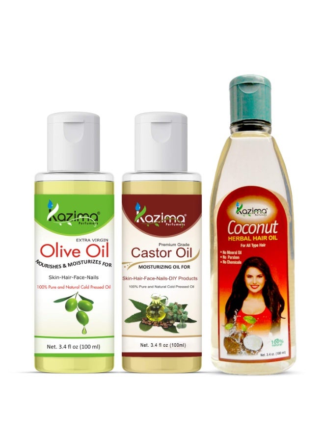 KAZIMA Combo of Olive Oil, Castor Oil and Coconut Herbal Hair Oil for Hair, Skin and Body, 100 ml each - Image 1