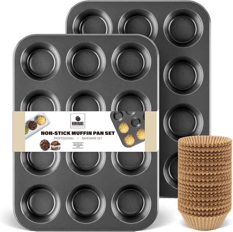HONGBAKE Muffin Pan with 500 Cupcake Liners, Nonstick Cup Cake Tin for Baking,Premium 12 Cup Cheesecake Trays - Dark Grey - Image 1